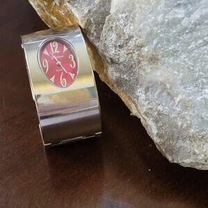 Geneva Platinum Red Dial Cuff Watch Bold Oval Face Wide Bangle Y2K Quartz Style